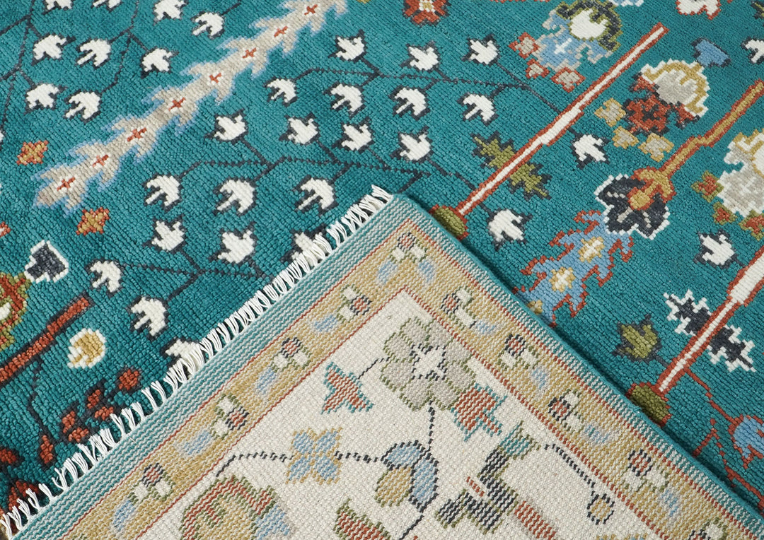 10x14 Teal, Ivory, Gold Color Hand Knotted Oushak Wool Transitional Oriental Rug