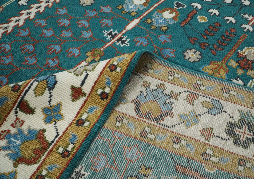 10x14 Teal, Ivory, Gold Color Hand Knotted Oushak Wool Transitional Oriental Rug