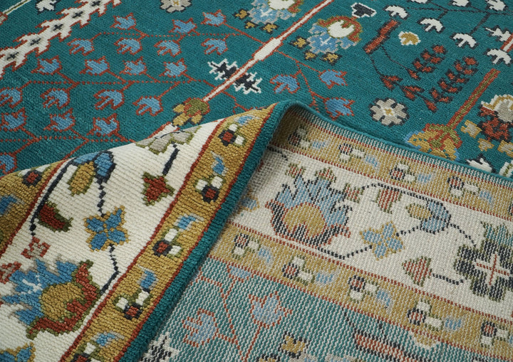 10x14 Teal, Ivory, Gold Color Hand Knotted Oushak Wool Transitional Oriental Rug