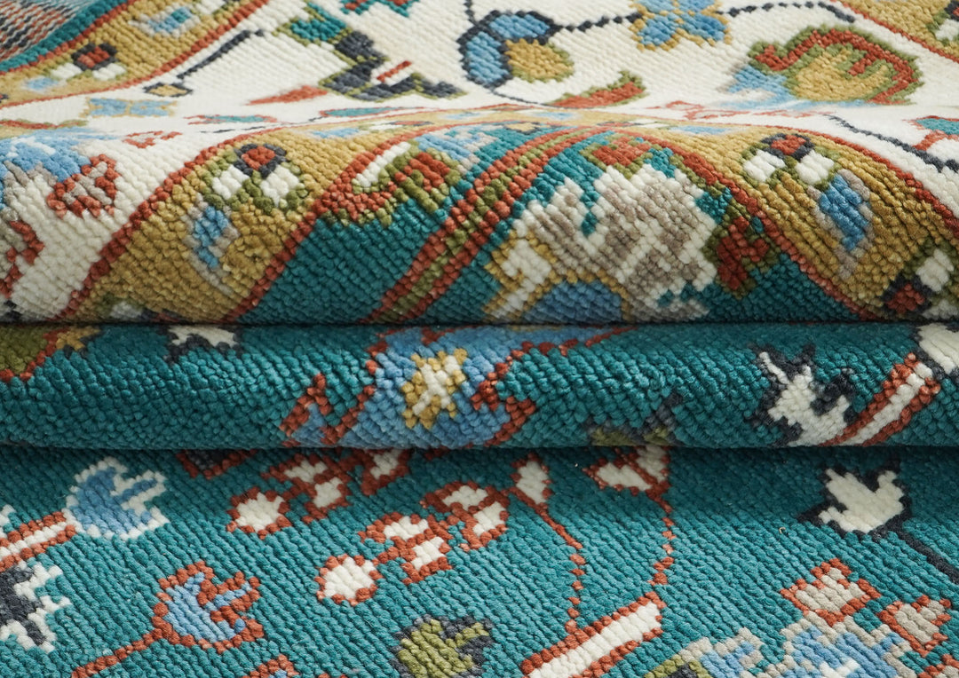 10x14 Teal, Ivory, Gold Color Hand Knotted Oushak Wool Transitional Oriental Rug