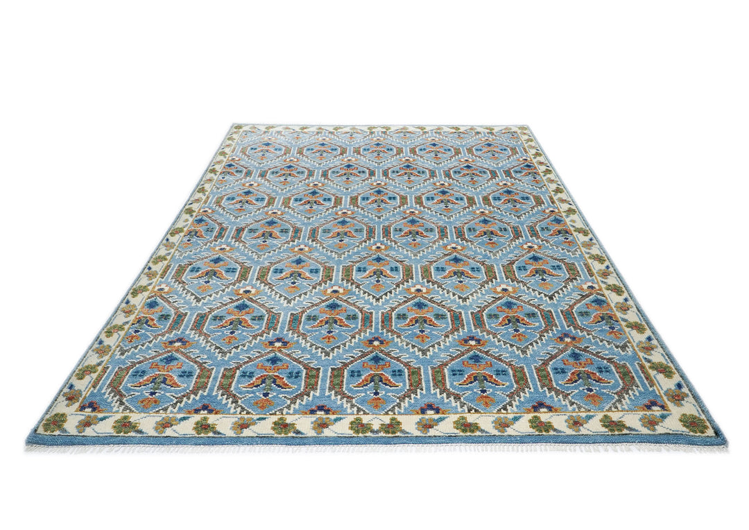 8x10 Blue, Green, Burnt Orange Go Color Hand Knotted Oushak Wool Transitional Oriental Rug