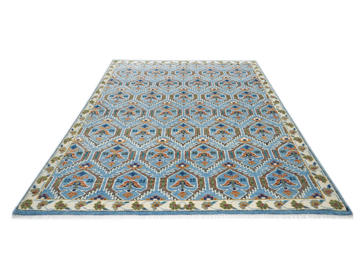 8x10 Blue, Green, Burnt Orange Go Color Hand Knotted Oushak Wool Transitional Oriental Rug