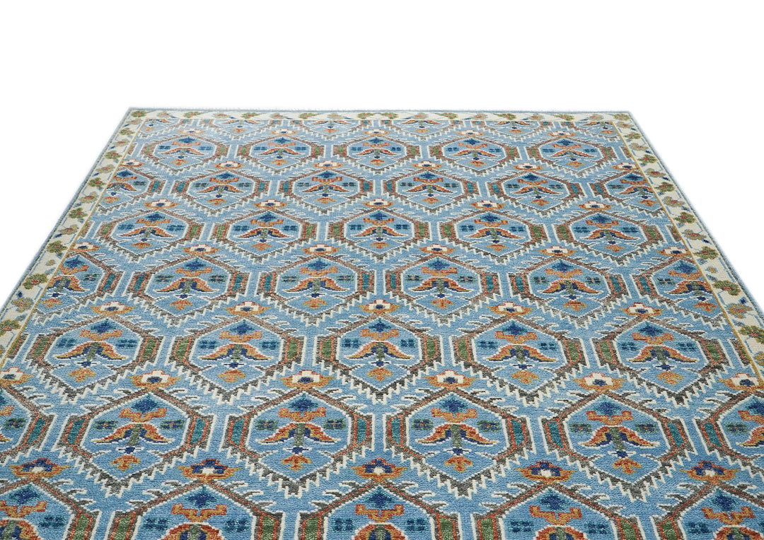 8x10 Blue, Green, Burnt Orange Go Color Hand Knotted Oushak Wool Transitional Oriental Rug