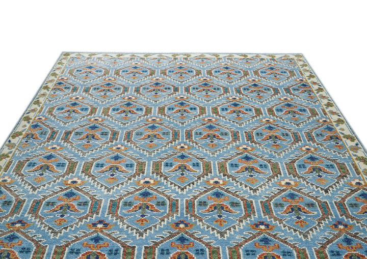 8x10 Blue, Green, Burnt Orange Go Color Hand Knotted Oushak Wool Transitional Oriental Rug