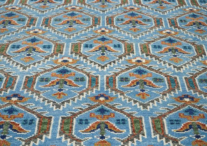 8x10 Blue, Green, Burnt Orange Go Color Hand Knotted Oushak Wool Transitional Oriental Rug