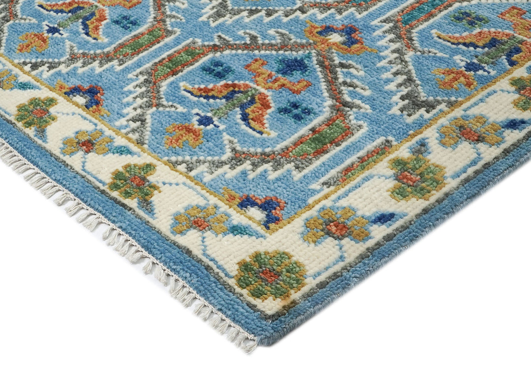 8x10 Blue, Green, Burnt Orange Go Color Hand Knotted Oushak Wool Transitional Oriental Rug