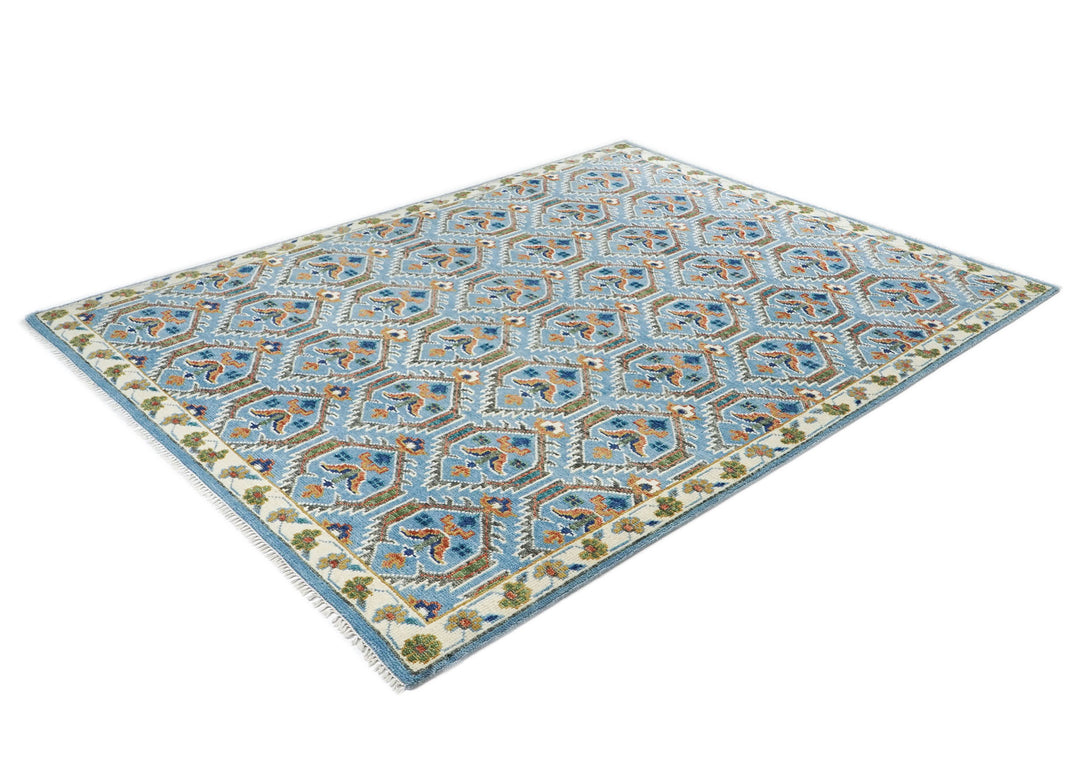 8x10 Blue, Green, Burnt Orange Go Color Hand Knotted Oushak Wool Transitional Oriental Rug