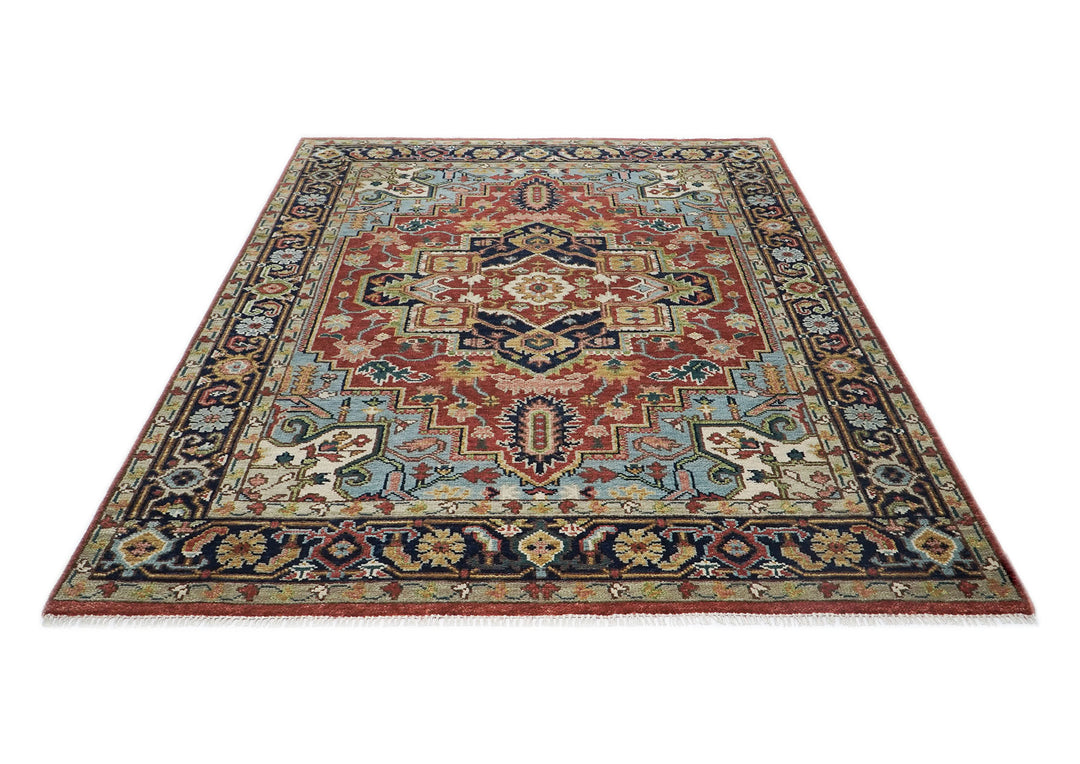 8x10 Rust, Navy, Aqua Color Hand Knotted Heriz Wool Traditional Oriental Rug