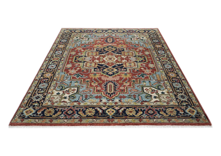 8x10 Rust, Navy, Aqua Color Hand Knotted Heriz Wool Traditional Oriental Rug