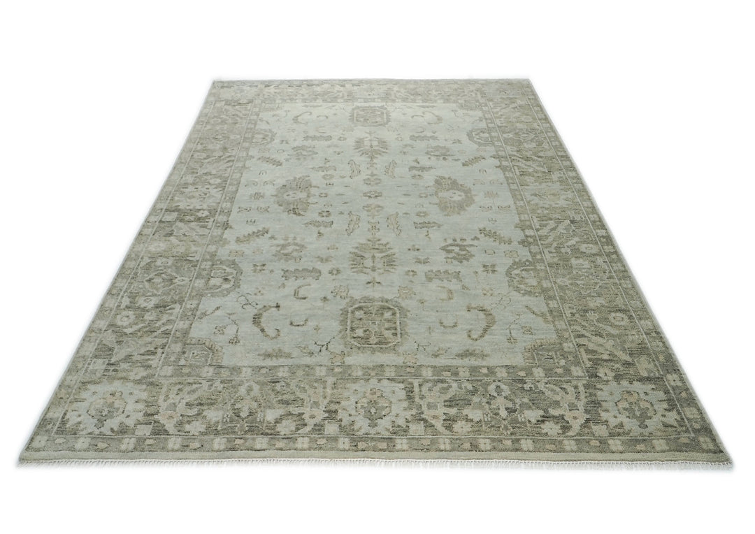 10x14 Gray, Moss, Multi Color Hand Knotted Oushak Wool Transitional Oriental Rug