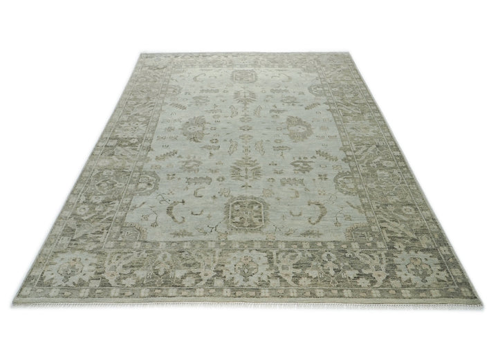 10x14 Gray, Moss, Multi Color Hand Knotted Oushak Wool Transitional Oriental Rug