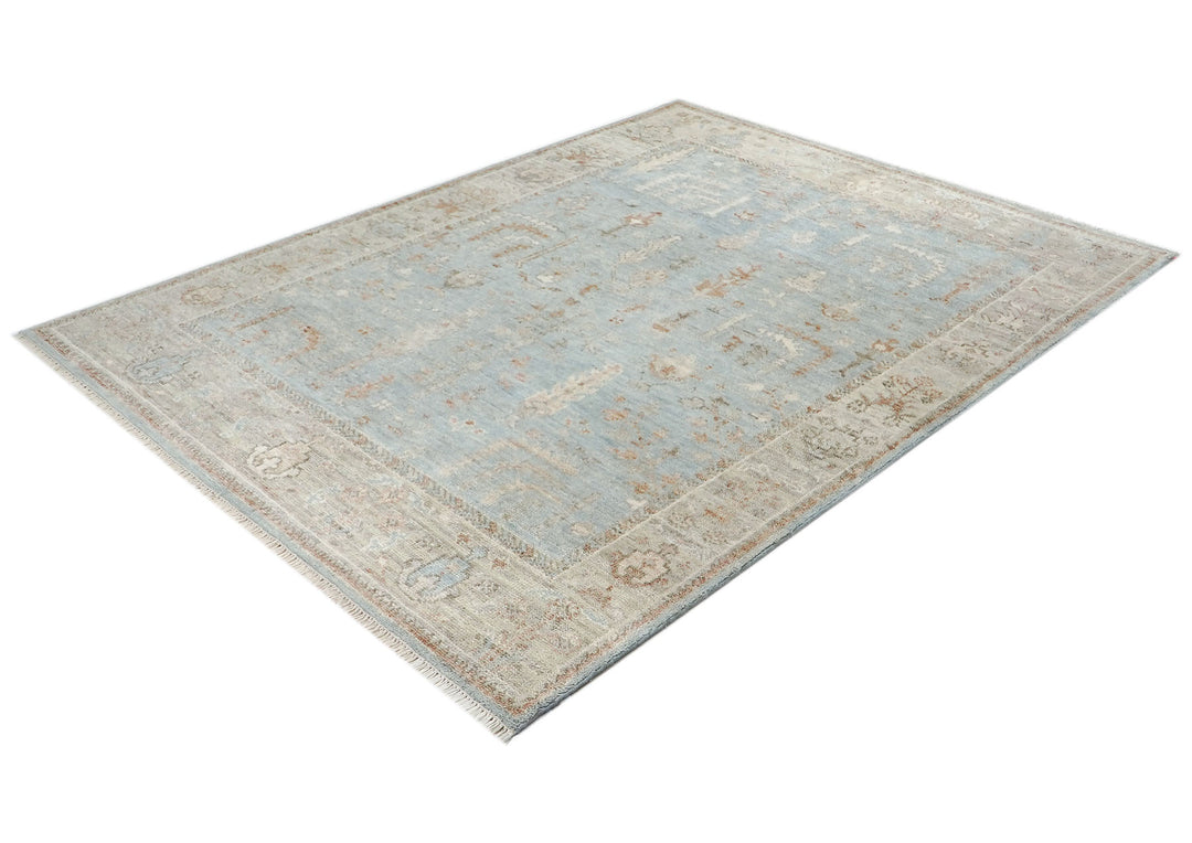 8x10 Blue, Beige, Taupe Color Hand Knotted Oushak Wool Transitional Oriental Rug