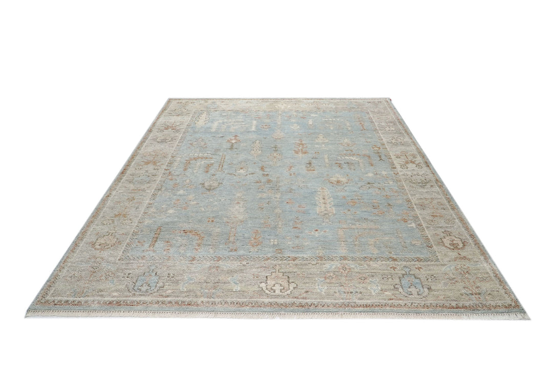 8x10 Blue, Beige, Taupe Color Hand Knotted Oushak Wool Transitional Oriental Rug