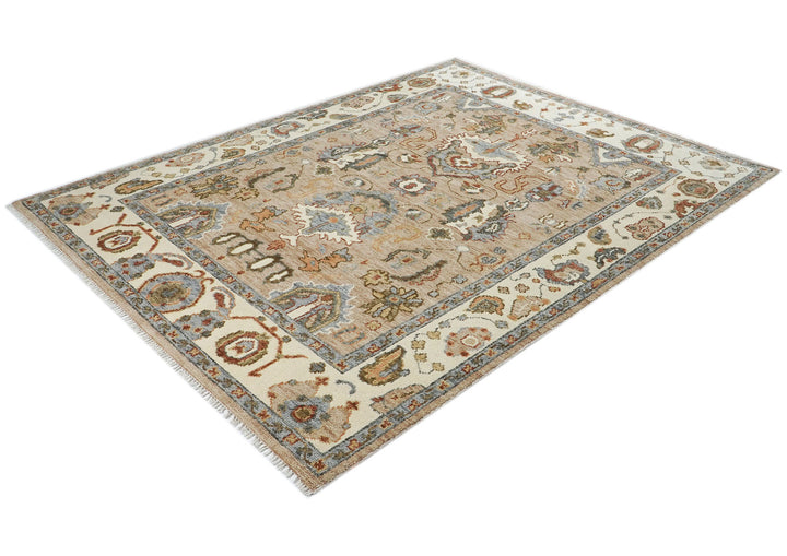 8x10 Mocha, Ivory, Gray Color Hand Knotted Oushak Wool  Oriental Rug