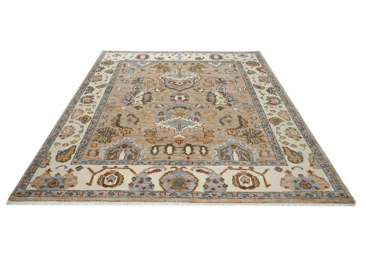 8x10 Mocha, Ivory, Gray Color Hand Knotted Oushak Wool  Oriental Rug