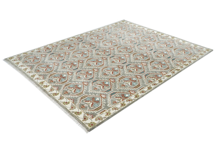 8x10 Gray, Ivory, Rust Color Hand Knotted Oushak Wool Transitional Oriental Rug