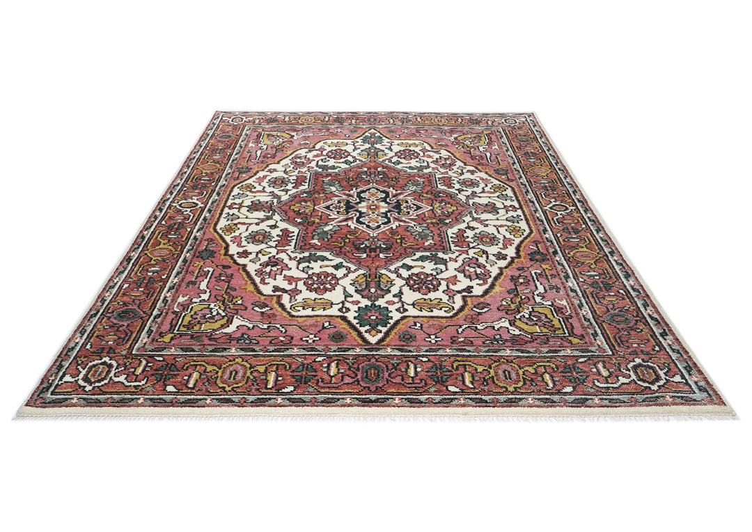 8x10 Pink, Ivory, Gold Color Hand Knotted Heriz Wool Traditional Oriental Rug