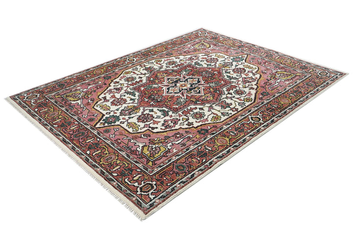 8x10 Pink, Ivory, Gold Color Hand Knotted Heriz Wool Traditional Oriental Rug