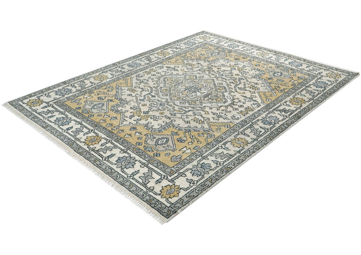 8x10 Ivory, Gold, Gray Color Hand Knotted Oushak Wool Traditional Oriental Rug