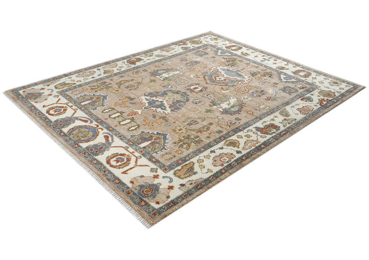 8x10 Mocha, Ivory, Slate Color Hand Knotted Oushak Wool  Oriental Rug