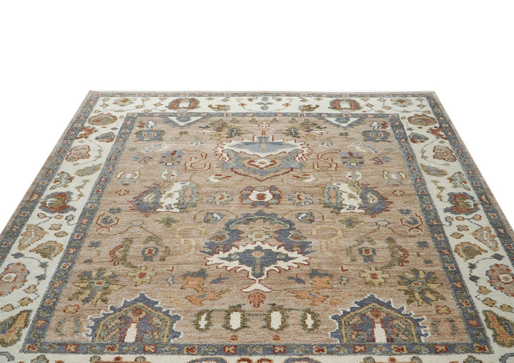 8x10 Mocha, Ivory, Slate Color Hand Knotted Oushak Wool  Oriental Rug