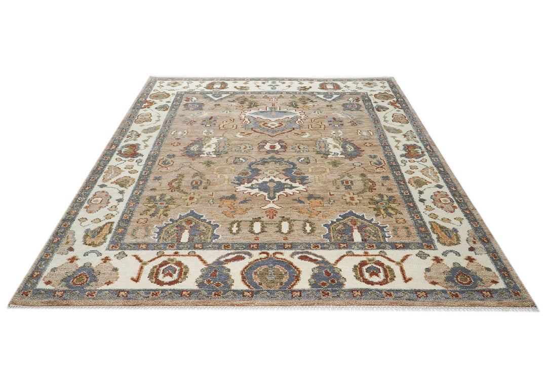 8x10 Mocha, Ivory, Slate Color Hand Knotted Oushak Wool  Oriental Rug