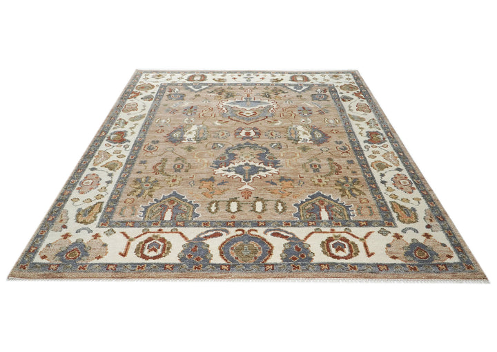8x10 Mocha, Ivory, Slate Color Hand Knotted Oushak Wool  Oriental Rug