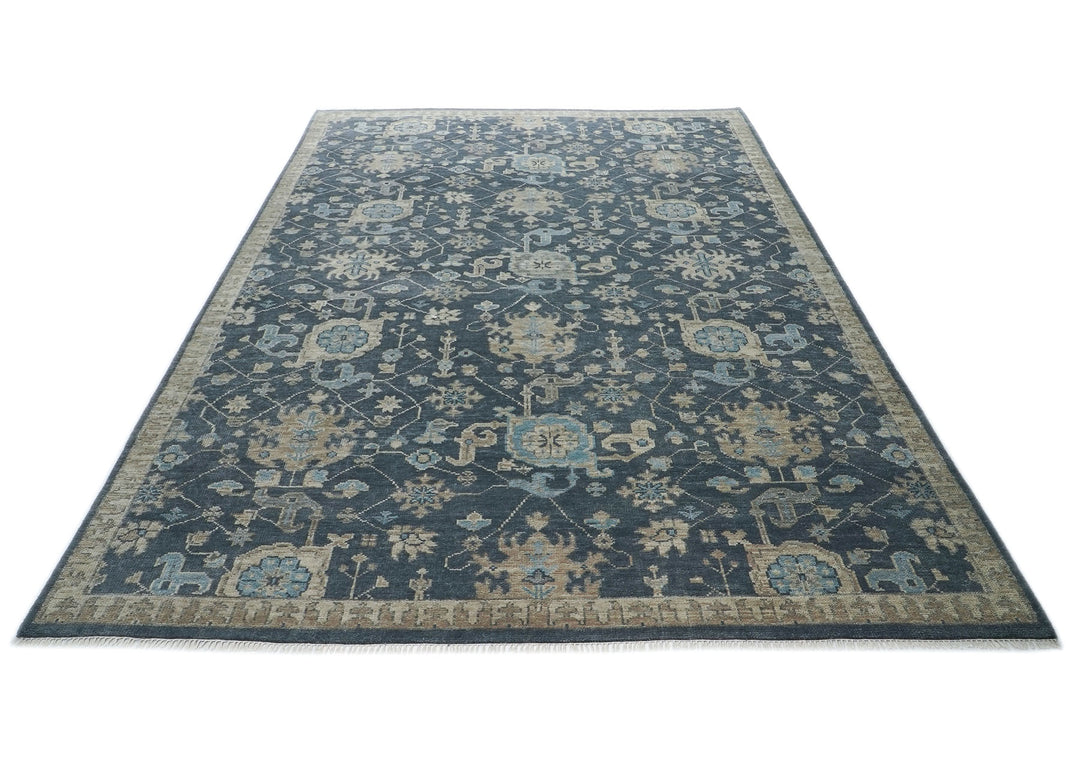 10x14 Blue, Beige, Moss Color Hand Knotted Oushak Wool Arts and Crafts Oriental Rug