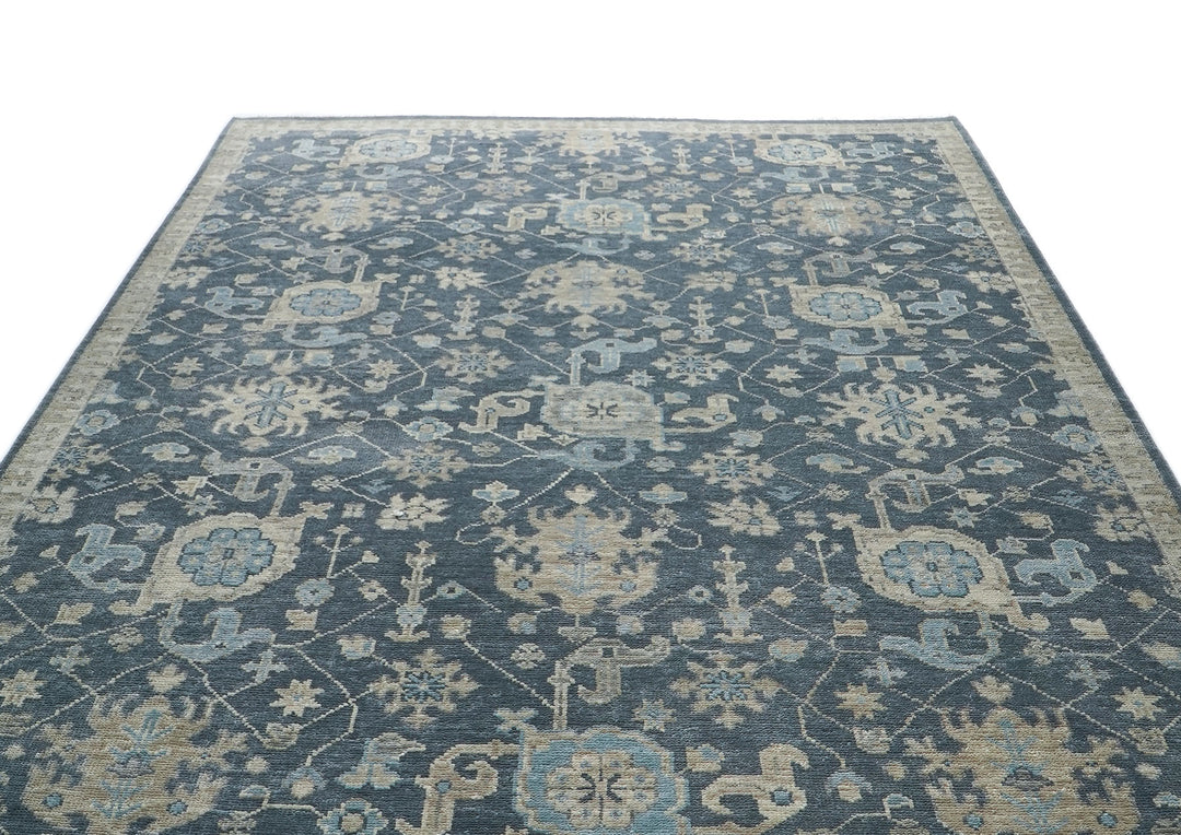 10x14 Blue, Beige, Moss Color Hand Knotted Oushak Wool Arts and Crafts Oriental Rug