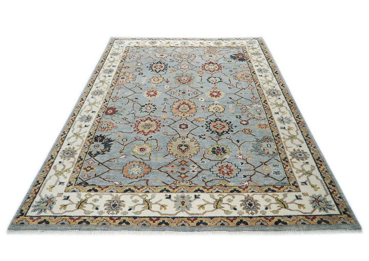 10x14 Blue, Ivory, Gold Color Hand Knotted Oushak Wool Arts and Crafts Oriental Rug
