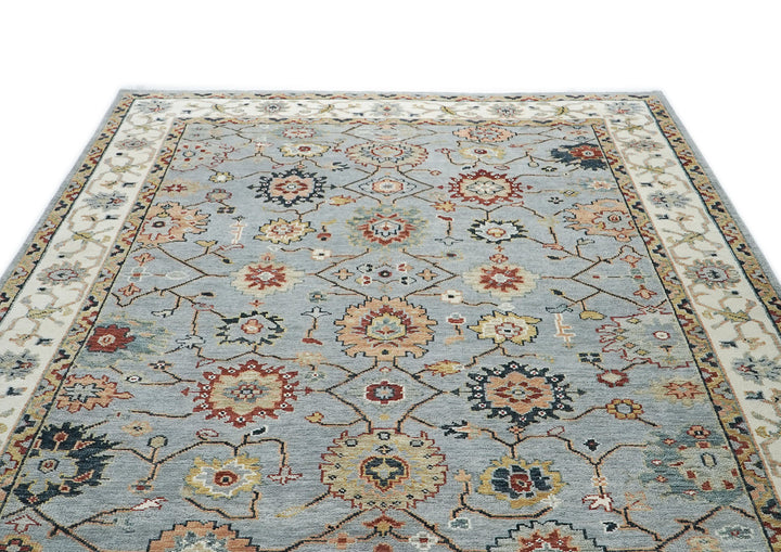 10x14 Blue, Ivory, Gold Color Hand Knotted Oushak Wool Arts and Crafts Oriental Rug