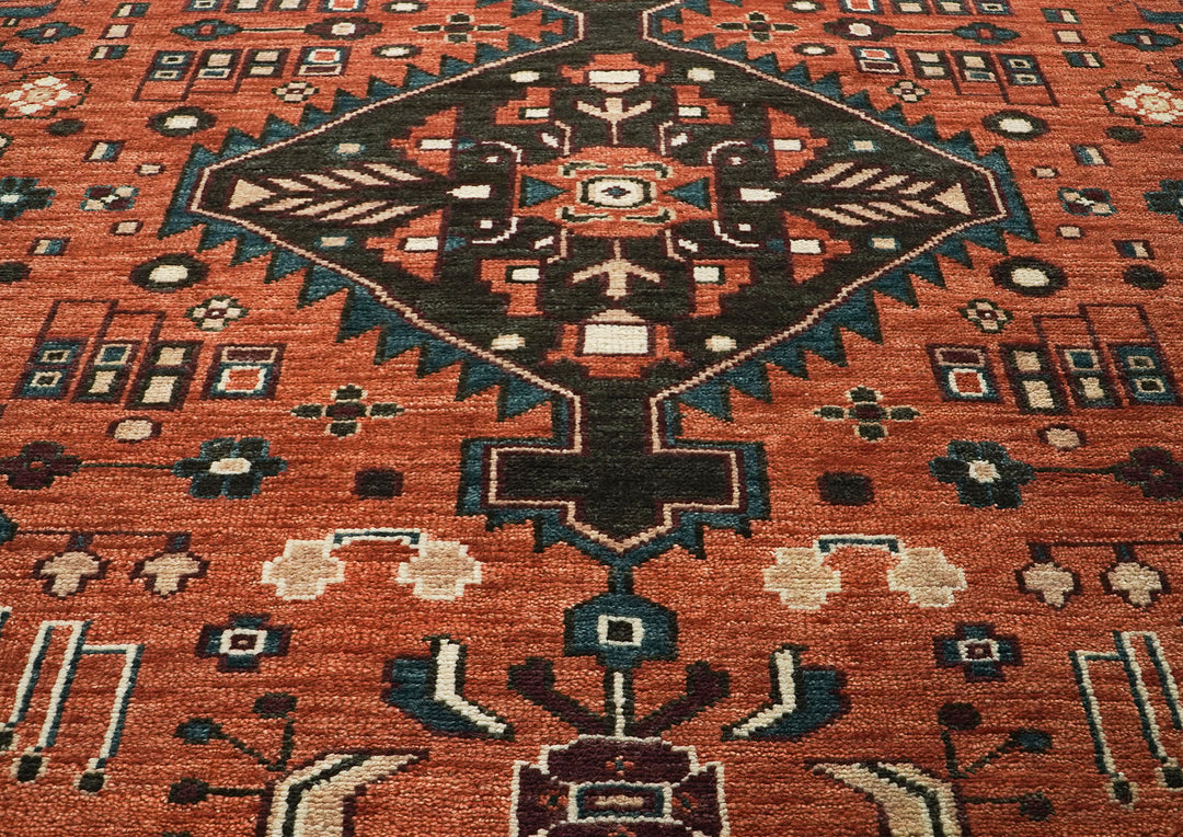 10x14 Burnt Orange, Dark Green, Teal Color Hand Knotted Oushak Wool  Oriental Rug
