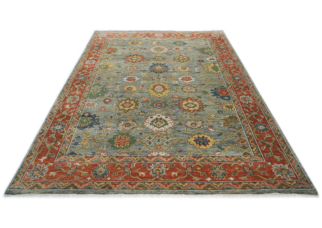 10x14 Blue, Burnt Orange, Gold Color Hand Knotted Oushak Wool Arts and Crafts Oriental Rug