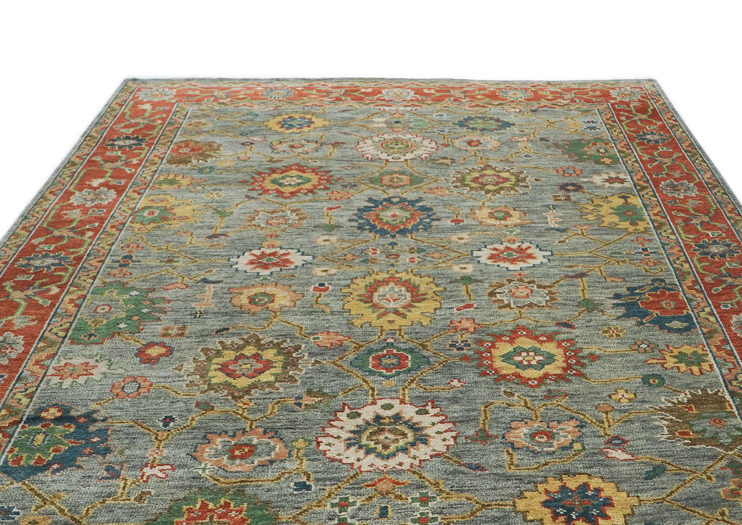 10x14 Blue, Burnt Orange, Gold Color Hand Knotted Oushak Wool Arts and Crafts Oriental Rug