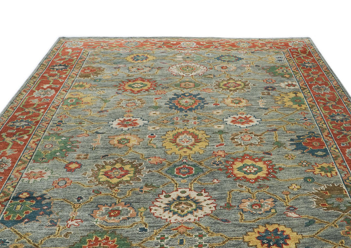 10x14 Blue, Burnt Orange, Gold Color Hand Knotted Oushak Wool Arts and Crafts Oriental Rug