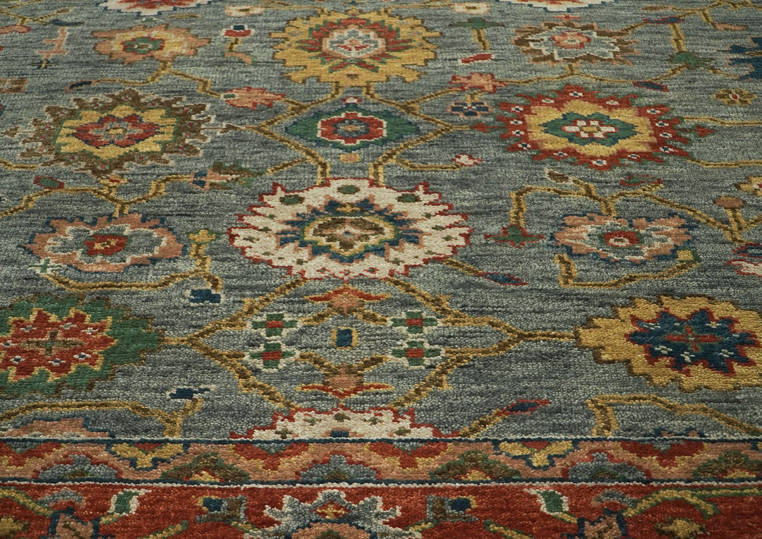 10x14 Blue, Burnt Orange, Gold Color Hand Knotted Oushak Wool Arts and Crafts Oriental Rug