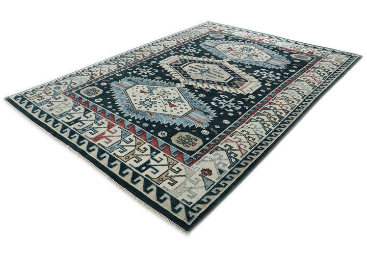 10x14 Dark Blue, Beige, Ivory Color Hand Knotted Oushak Wool Southwestern Oriental Rug