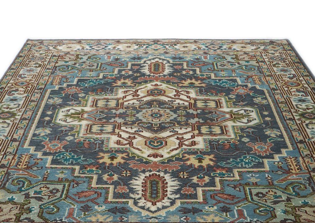 8x10 Blue, Ivory, Aqua Color Hand Knotted Oushak Wool Traditional Oriental Rug