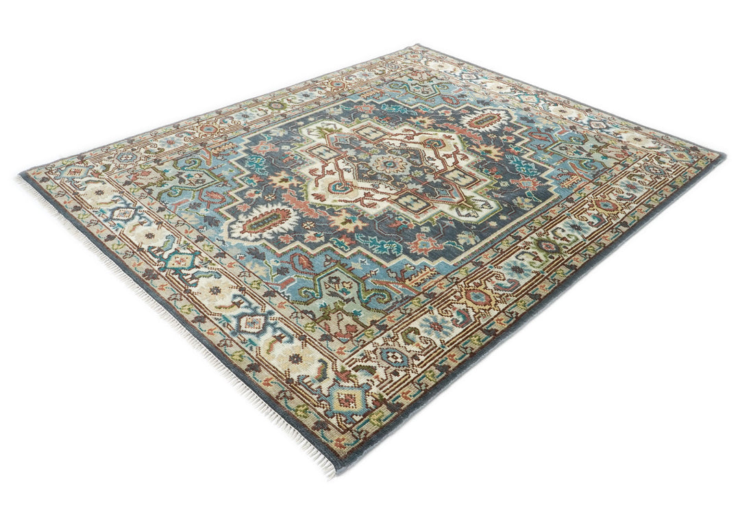 8x10 Blue, Ivory, Aqua Color Hand Knotted Oushak Wool Traditional Oriental Rug