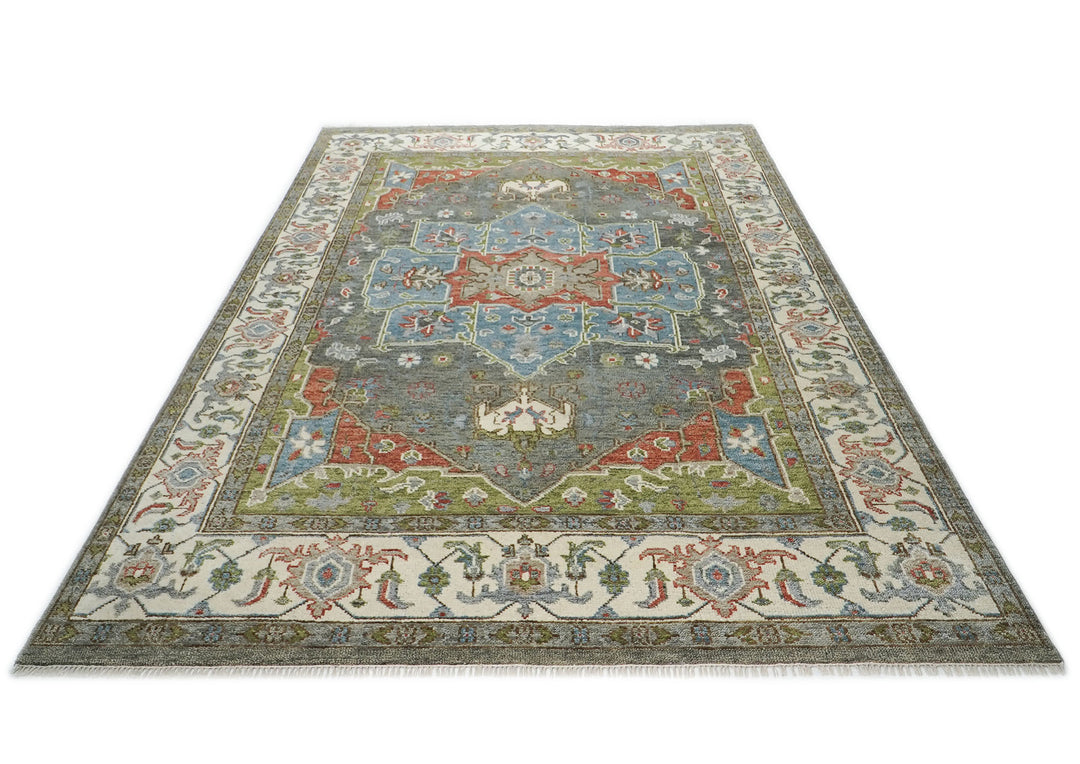 10x14 Gray, Blue, Lime Color Hand Knotted Oushak Wool  Oriental Rug