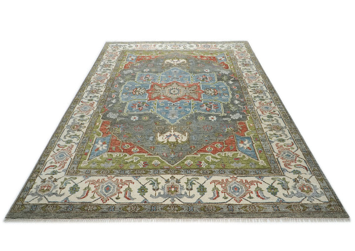 10x14 Gray, Blue, Lime Color Hand Knotted Oushak Wool  Oriental Rug