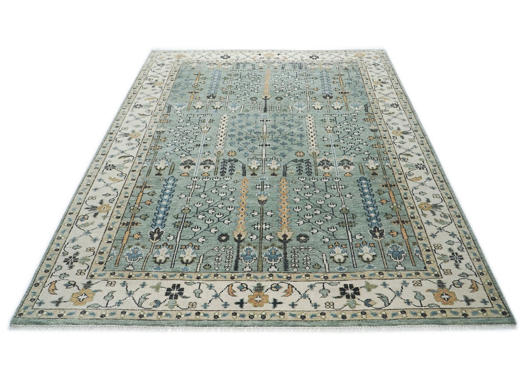 10x14 Aqua, Ivory, Tan Color Hand Knotted Oushak Wool Transitional Oriental Rug