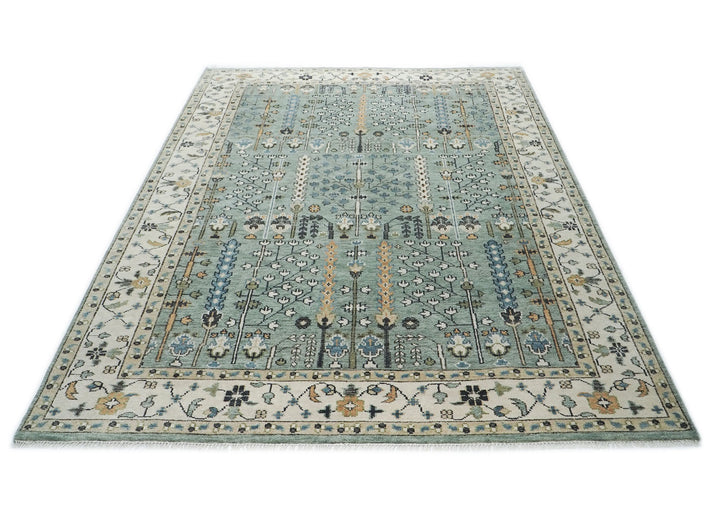 10x14 Aqua, Ivory, Tan Color Hand Knotted Oushak Wool Transitional Oriental Rug