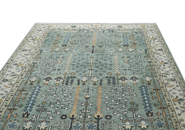 10x14 Aqua, Ivory, Tan Color Hand Knotted Oushak Wool Transitional Oriental Rug