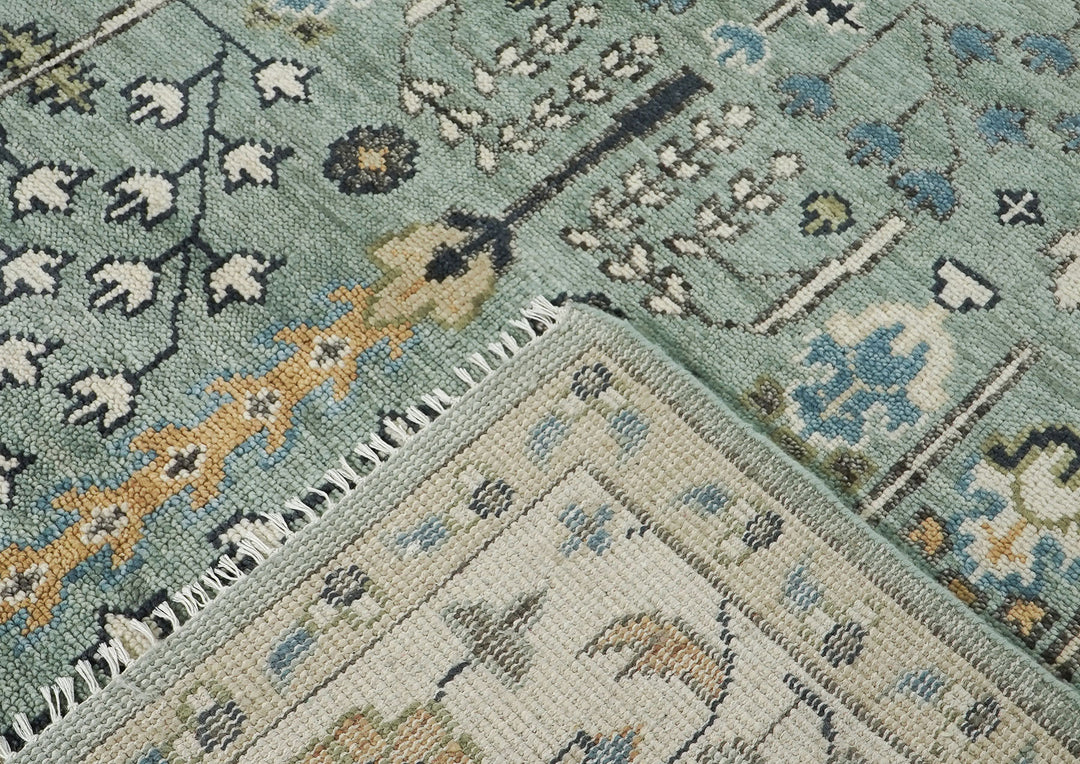 10x14 Aqua, Ivory, Tan Color Hand Knotted Oushak Wool Transitional Oriental Rug