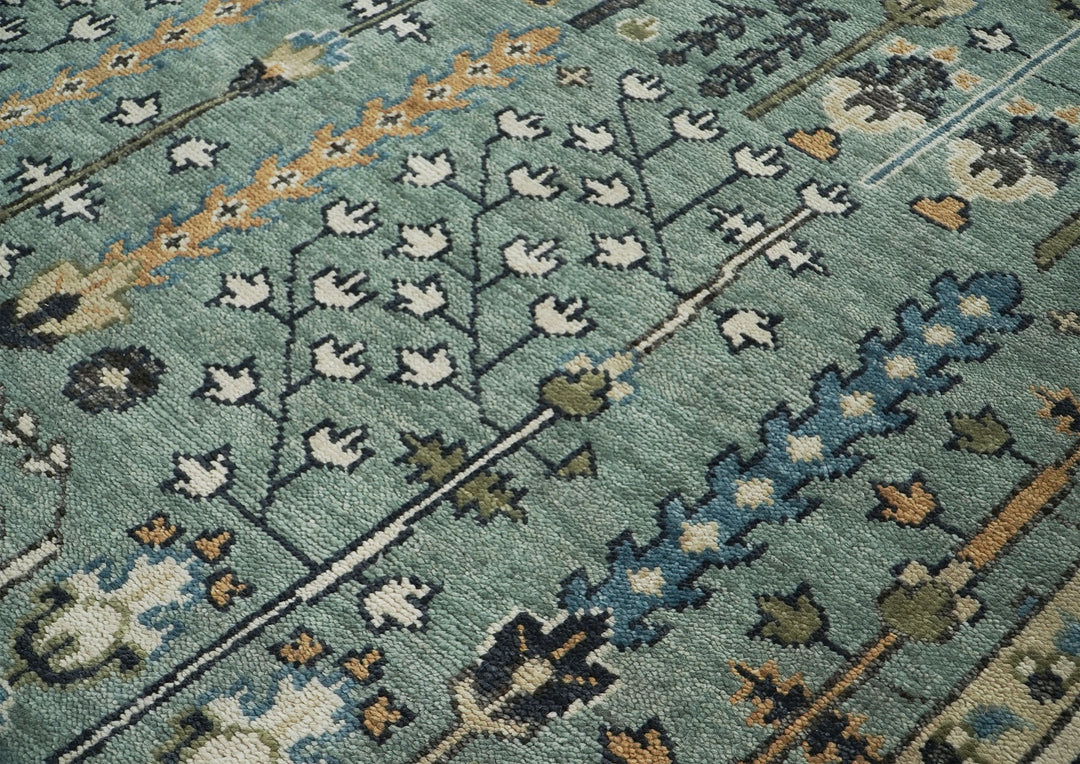 10x14 Aqua, Ivory, Tan Color Hand Knotted Oushak Wool Transitional Oriental Rug