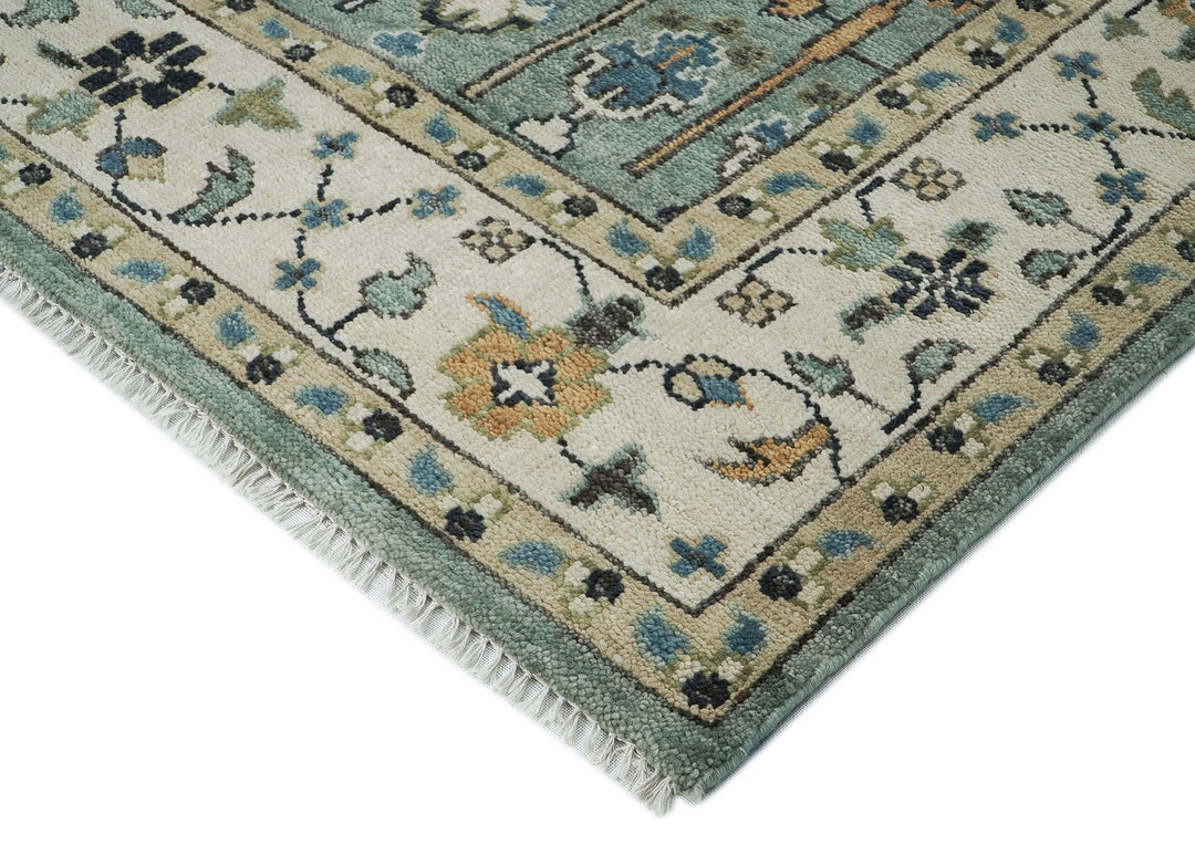 10x14 Aqua, Ivory, Tan Color Hand Knotted Oushak Wool Transitional Oriental Rug