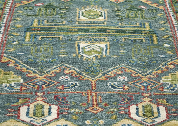 5x8 Teal, Ivory, Lime Color Hand Knotted Oushak Wool Transitional Oriental Rug