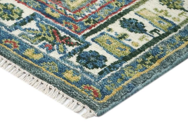 5x8 Teal, Ivory, Lime Color Hand Knotted Oushak Wool Transitional Oriental Rug