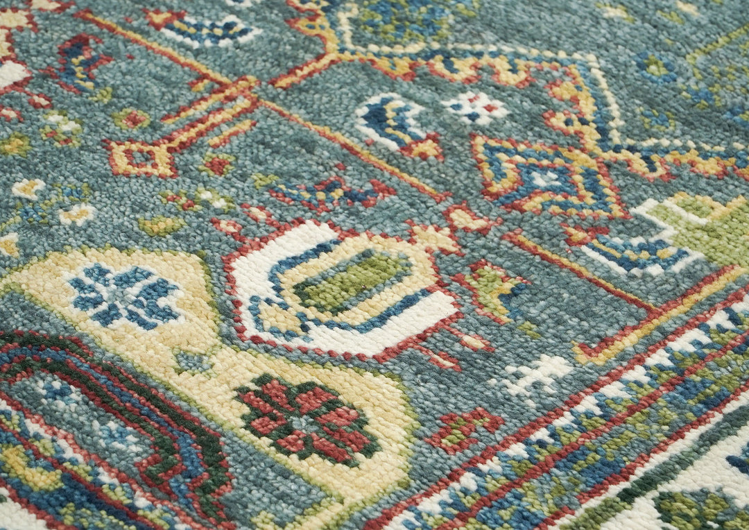 5x8 Teal, Ivory, Lime Color Hand Knotted Oushak Wool Transitional Oriental Rug